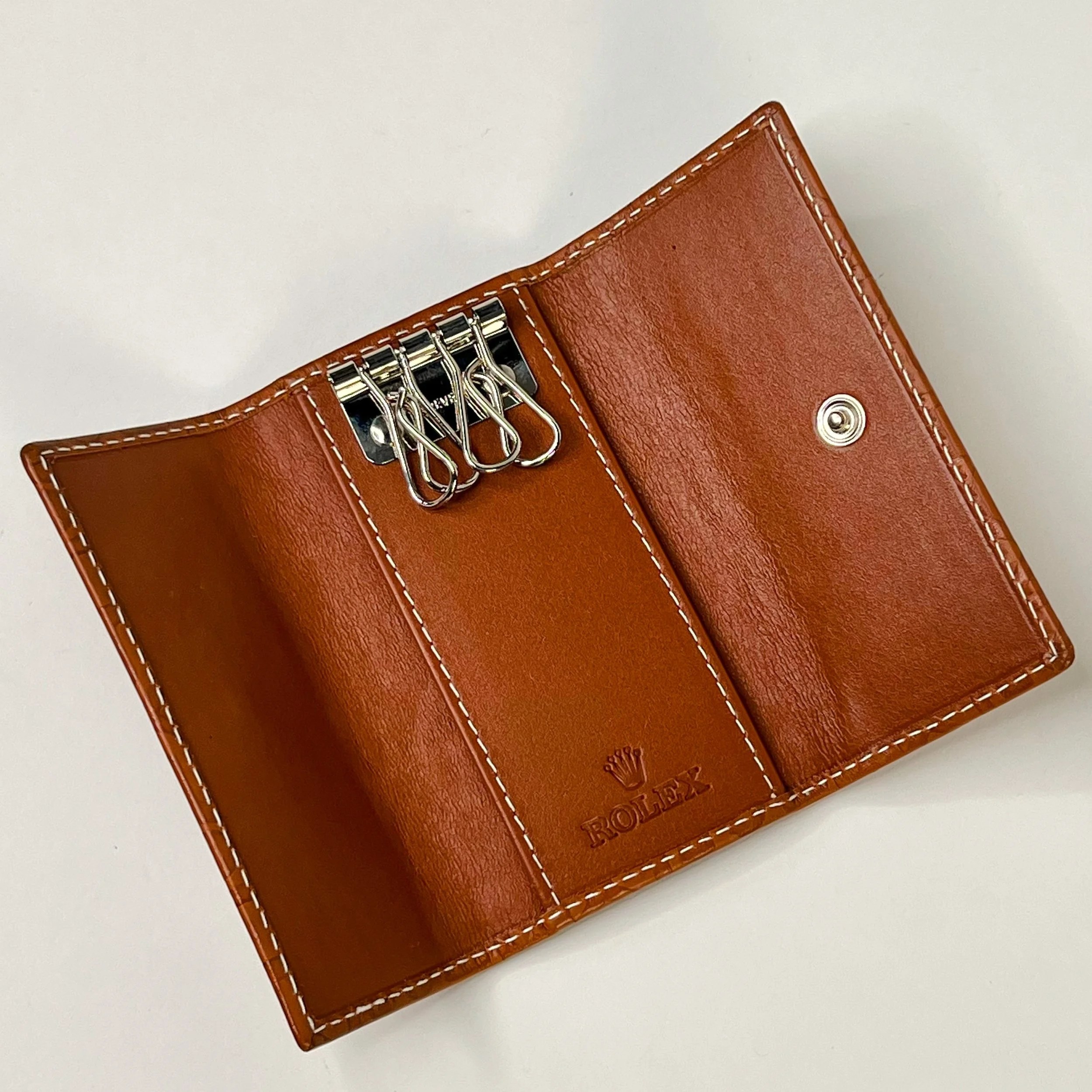 Rolex Brown Embossed Leather Key Holder with Crown Motif & Snap